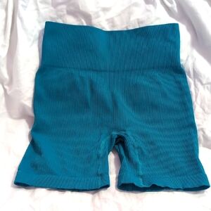 Teal High-Waisted Ribbed Bike Workout Shorts Women's Small